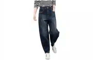 善己 简约高腰宽松牛仔裤 女款 深蓝色