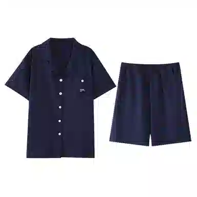 歌倩雅 纯色翻领短袖休闲短裤睡衣套装 男款 蓝色