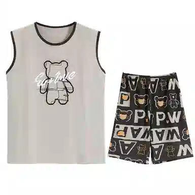 兰缪 撞色圆领无袖背心中腰裤子睡衣套装 男款 灰色