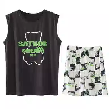 兰缪 撞色圆领无袖背心中腰裤子睡衣套装 男款 灰色