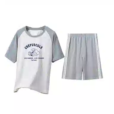 贴身领域 字母印花拼接撞色短袖薄款舒适短裤睡衣套装 男款