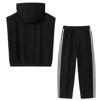 三体 连帽无袖字母印花卫衣时尚百搭直筒裤美式复古高街潮牌无性别穿搭新款舒适男士透气休闲运动套装 男女同款