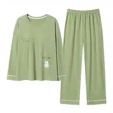 欧迪芬 柔软舒适透气圆领长袖上衣松紧腰长裤睡衣套装 女款 绿色