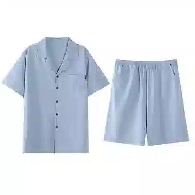 歌倩雅 休闲纯色翻领短袖上衣松紧腰短裤睡衣套装 男款 蓝色