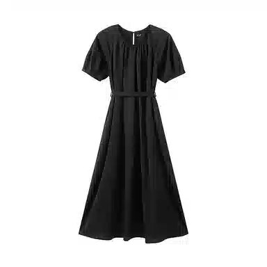 茵曼 圆领中长款纯色短袖连衣裙 女款