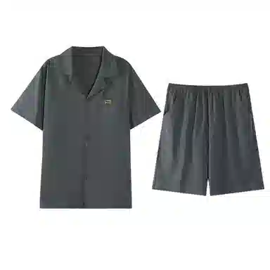 歌倩雅 纯色翻领休闲短袖松紧腰短裤睡衣套装 男款 深灰色