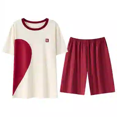 贴身领域 卡通爱心印花短袖上衣透气舒适松紧裤睡衣套装 男款 杏色拼红色