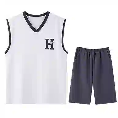 兰缪 撞色圆领无袖背心中腰裤子睡衣套装 男款 灰色