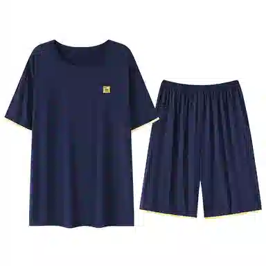 贴身领域 时尚简约纯色印花薄款圆领短袖可外穿家居服休闲短裤睡衣套装 男款 宝蓝