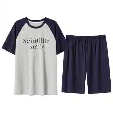 贴身领域 字母印花拼接撞色圆领短袖薄款舒适短裤可外穿家居服睡衣套装 男款 花灰色
