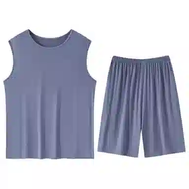 贴身领域 纯色圆领套头无袖睡衣套装 男款 灰蓝