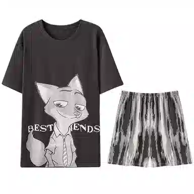 兰缪 卡通字母印花圆领套头短袖短裤睡衣套装 男款 灰色