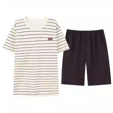 贴身领域 圆领条纹套头短袖睡衣套装 男款 米黄