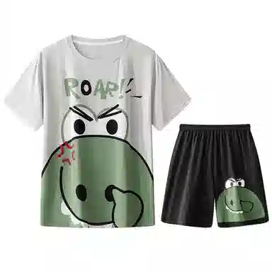 兰缪 卡通恐龙字母印花圆领套头短袖睡衣套装 男款 灰白