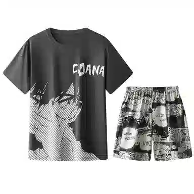 兰缪 卡通字母印花圆领套头短袖睡衣套装 男款 黑色