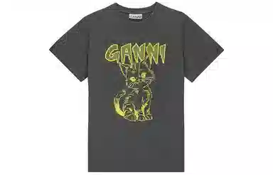GANNI Cat Print T-Shirt Volcanic Gray