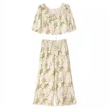 歌倩雅 甜美时尚圆领短袖上衣松紧腰长裤睡衣套装 女款 杏色