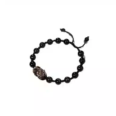 泡泡贝 新中式大气招财纳福创意独特吞金兽轻奢优雅霸气单圈宫廷风抽拉编织绳 黑曜石 玉石手链 男女同款情侣款