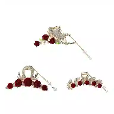 妖娆猫 红色玫瑰花朵抓夹套装后脑勺盘发卡气质鲨鱼夹三件套 发夹 女款