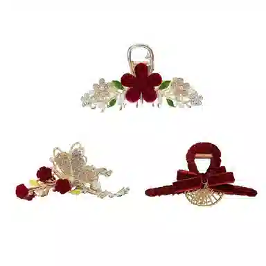 妖娆猫 满钻红色玫瑰抓夹套装复古宫廷风发卡后脑勺鲨鱼夹头饰发饰三件套 合金 发夹 女款