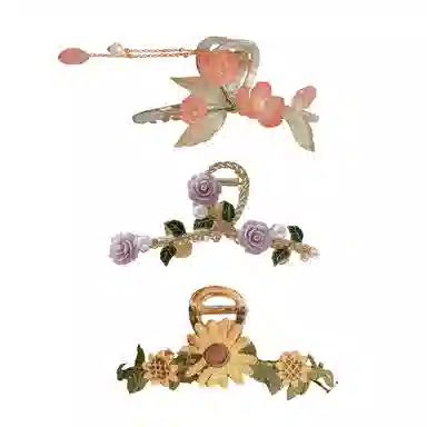 妖娆猫 超仙花朵抓夹套装精致古风后脑勺发卡高级感气质仙美鲨鱼夹发饰三件套 发夹 女款