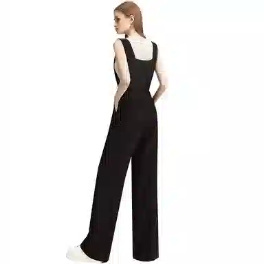 她池 方领阔腿高腰长款连体裤 女款 黑色