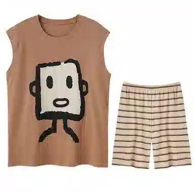 兰缪 卡通印花圆领套头无袖格子短裤睡衣套装 男款 褐色