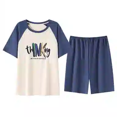 贴身领域 夏季 卡通拼接撞色短袖薄款舒适五分裤睡衣套装 男款 杏色