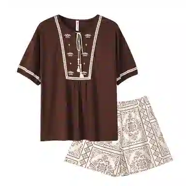歌倩雅 纯棉薄款短袖舒适休闲短裤睡衣套装 女款 深棕色
