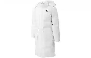 PUMA Logo Print Long Down Jacket White