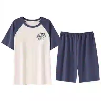 贴身领域 字母印花拼接撞色圆领纯棉短袖薄款舒适短裤睡衣套装 男款