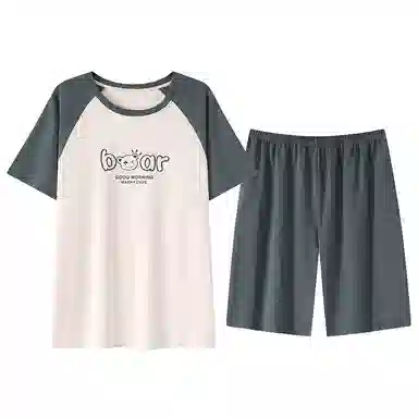 贴身领域 字母印花拼接撞色圆领短袖薄款潮宽松舒适上衣松紧腰五分裤可外穿睡衣套装 男款 绿色