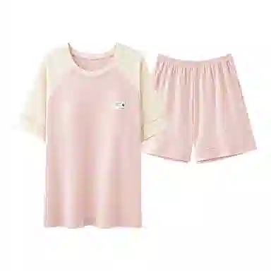 欧迪芬 舒适套头纯棉圆领短袖松紧短裤睡衣套装 女款 粉白色