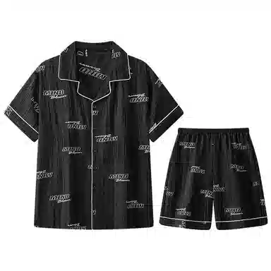 兰缪 简约亲肤舒适柔软透气翻领开衫短袖青少年休闲家居服可外穿短裤睡衣套装 男款 黑色