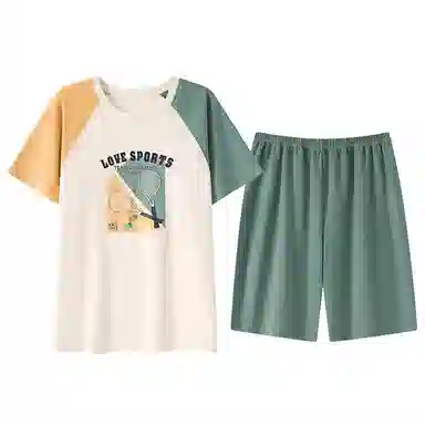 贴身领域 青少年字母印花拼接圆领短袖舒适透气亲肤五分裤可外穿家居服睡衣套装 男款 中绿