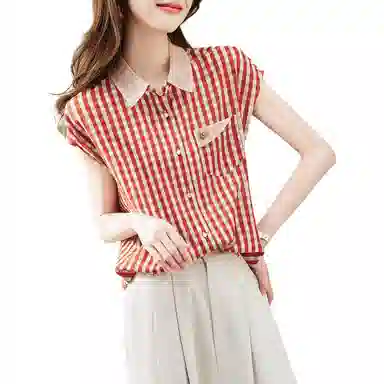 【dme】 休闲宽松格子印花短袖衬衫 女款 橙红