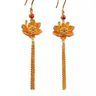 佐卡伊 古法金珐琅流苏古韵睡莲耳饰 足金 按克计价 黄金耳环 女款