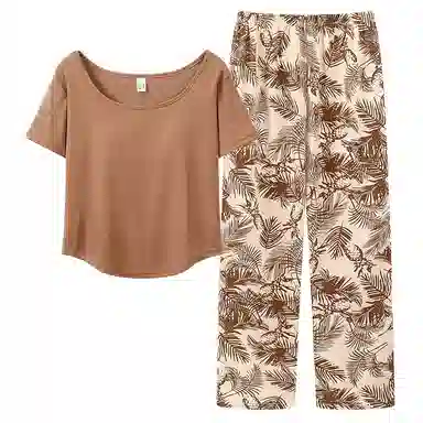 莫代尔 带胸垫防凸点印花短袖舒适透气亲肤长裤可外穿睡衣套装 女款 浅棕色