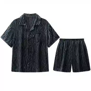 兰缪 简约凉感休闲可外穿短袖翻领上衣松紧腰短裤睡衣套装 男款 高级黑