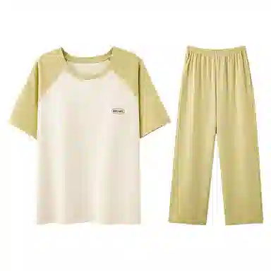 欧迪芬 纯棉自带胸垫圆领套头舒适短袖松紧长裤睡衣套装 女款 黄色
