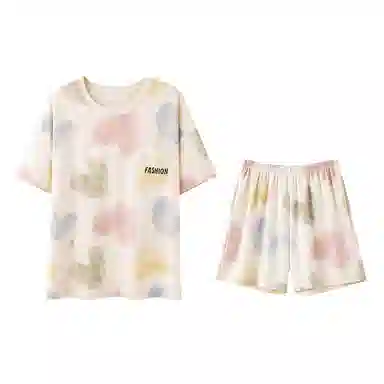 欧迪芬 纯棉圆领自带胸垫短袖松紧腰短裤睡衣套装 女款 杏色