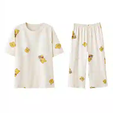 欧迪芬 带胸垫舒适亲肤透气短袖夏季甜美风小熊图案七分裤睡衣套装 女款 白色