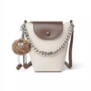 红蜻蜓 简约可爱小公仔拼接撞色通勤实用 牛皮  水桶包单肩包手提包斜挎包 常规 女款 米白色