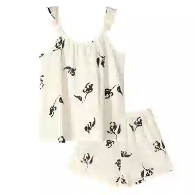 歌倩雅 纯棉圆领套头舒适透气无袖上衣松紧腰休闲短裤睡衣套装 女款 米色