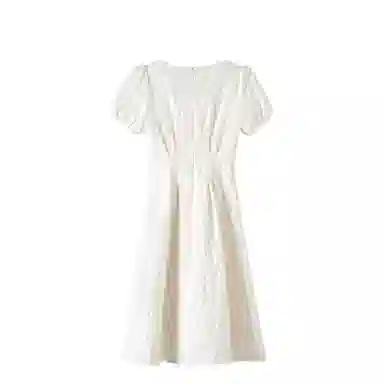 晚白 纯色方领中长款简约短袖连衣裙 女款 杏色