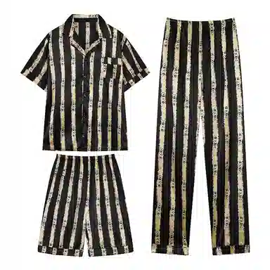 兰缪 简约亲肤舒适透气条纹翻领开衫短袖休闲可外穿家居服短裤长裤三件套睡衣套装 男款 黑色