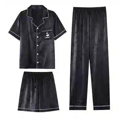 兰缪 简约亲肤舒适透气柔软纯色翻领开衫短袖休闲可外穿家居服短裤长裤睡衣套装 男款 黑色