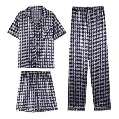 兰缪 简约亲肤舒适透气翻领开衫短袖休闲可外穿家居服格子短裤长裤睡衣套装 男款 黑色