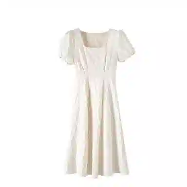 晚白 纯色方领中长款简约短袖连衣裙 女款 杏色