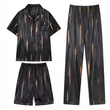 兰缪 亲肤舒适透气柔软翻领开衫短袖休闲可外穿家居服短裤长裤睡衣套装 男款 黑色